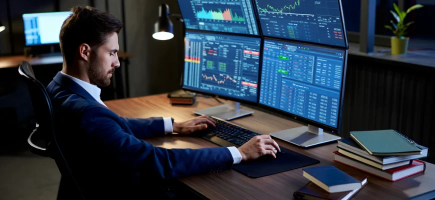 { "term": "Форекс", "prompt": "ultra-realistic 1920x1080 photo of multiple computer monitors displaying forex charts, candlesticks and world currency rates, trader’s hands on keyboard, dim trading room atmosphere, blue and green glow from screens, cinematic lighting" }