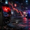 Разбитый Bitcoin ATM на фоне падающего курса биткоина и полицейских огней