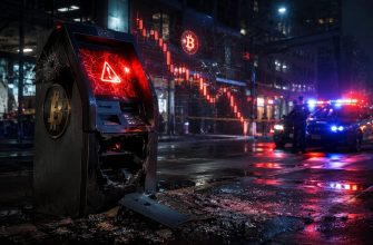 Разбитый Bitcoin ATM на фоне падающего курса биткоина и полицейских огней