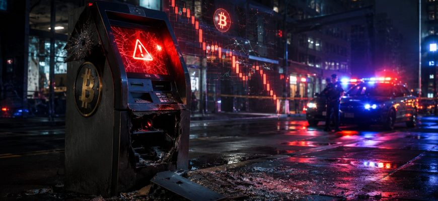 Разбитый Bitcoin ATM на фоне падающего курса биткоина и полицейских огней
