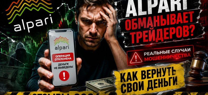 Заблокированный экран трейдинга с красными графиками и символом предупреждения о мошенничестве Alpari
